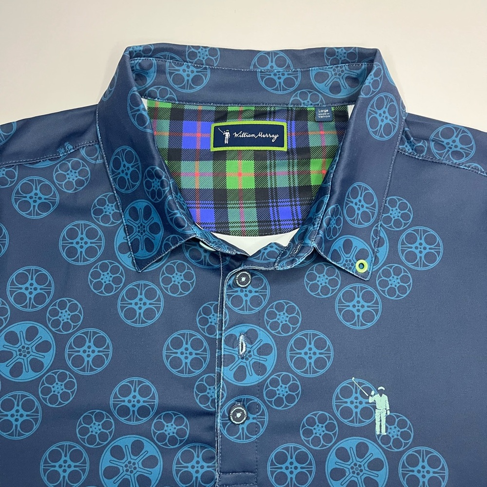 William Murray Golf Polo Shirt Men's Large All Over Print Wheels Blue Stretch